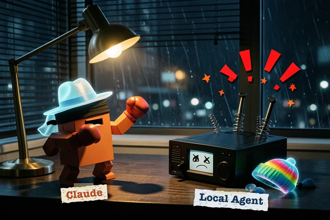 Slapstick at night: Claude, blindfolded under its ghostly fedora, swings its boxing gloves at empty air, while the Local Agent lies knocked out with X eyes, springs bursting from its top, red exclamation marks overhead and its rainbow beanie knocked off onto the desk.