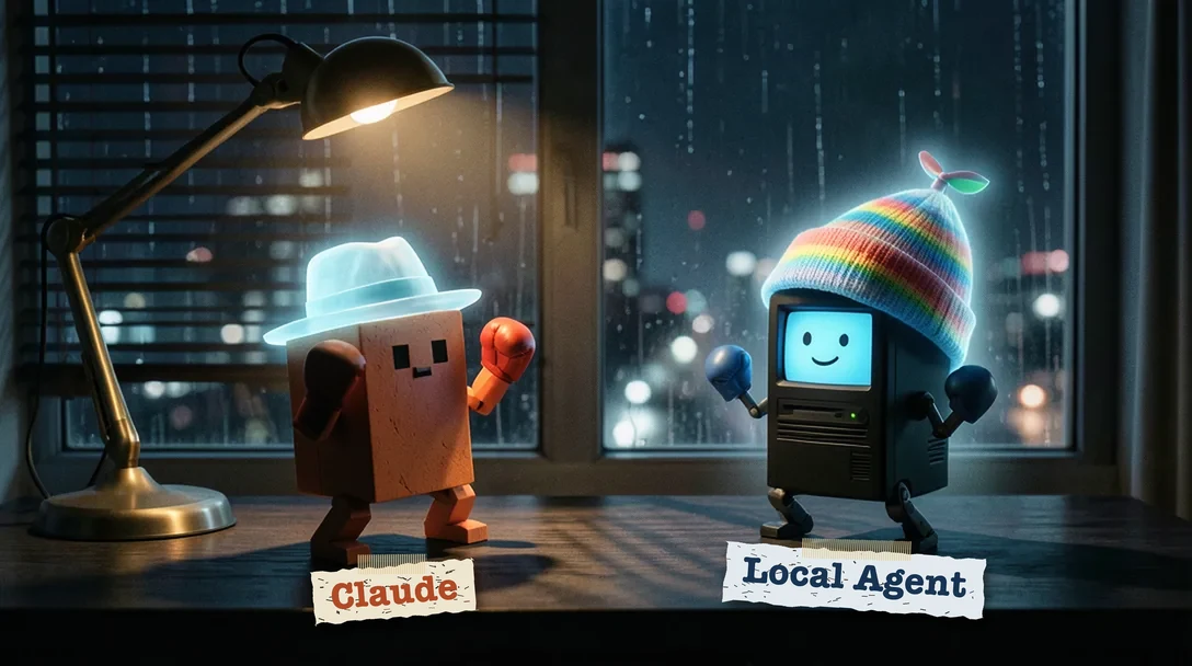 On a desk at night under a brass lamp, a blocky orange character in a glowing ghostly fedora, labelled Claude, squares off in a playful boxing match against a small computer with a smiling blue screen and a glowing ghostly rainbow beanie, labelled Local Agent. Both wear boxing gloves.