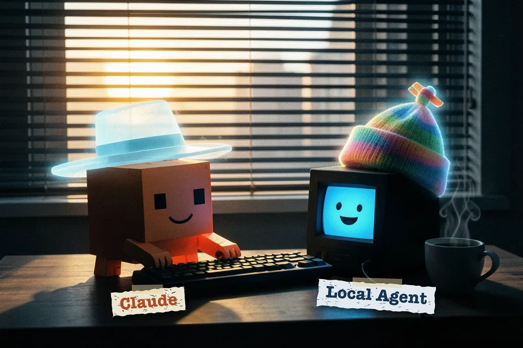 The same two characters at sunrise, now working together: Claude, in its ghostly fedora, types on a keyboard plugged into the Local Agent, whose screen grins under its ghostly rainbow beanie. A cup of coffee steams beside them.