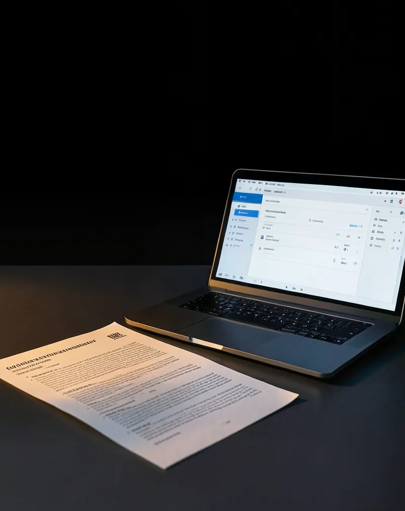 A thick printed contract lies on a desk beside an open laptop showing a simple, clean CRM dashboard. The paper is heavy and official. The screen is plain and working. The contrast is between the document and the thing that replaced it.