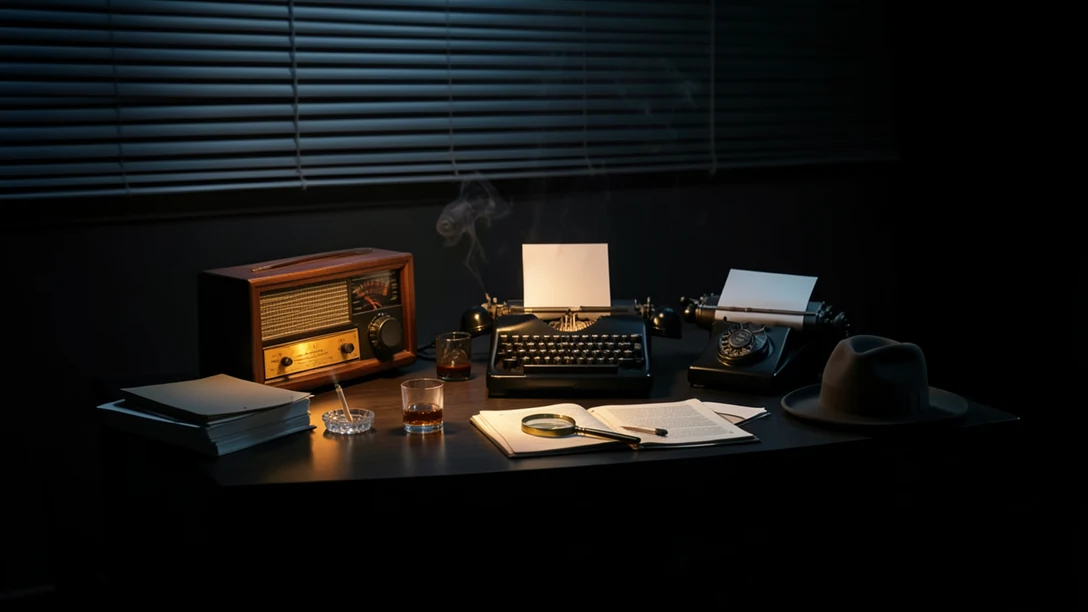 A 1940s detective's desk at night: an old tube radio with a lit dial, a typewriter, a rotary telephone, a fedora, a magnifying glass on an open case file, blind shadows on the wall behind