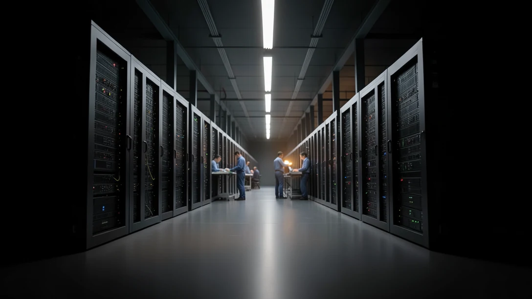 A long aisle inside a working data hall, rows of accelerator racks receding into the distance on both sides, engineers at work together under the ceiling lights