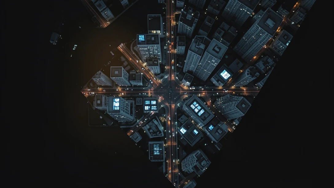 A dense city grid photographed from directly overhead at night, lit avenues and intersections running to every edge of the frame, traffic strung along them in lines of light