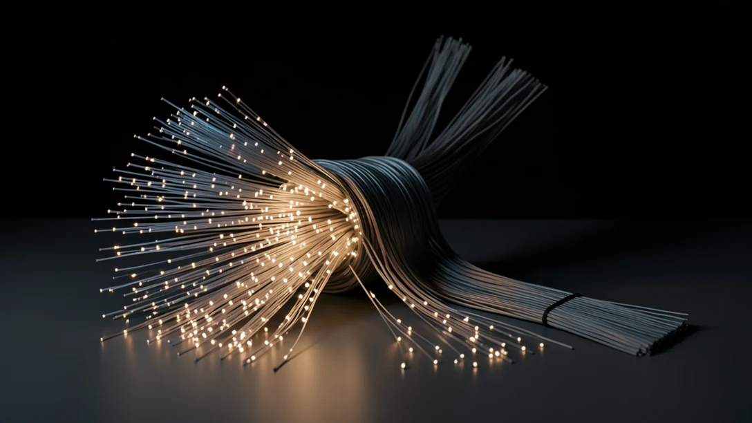 A trunk of fibre optic cable fanning open into hundreds of lit filaments, most of them splaying into one wide glowing spray and a smaller bundle running off to the side