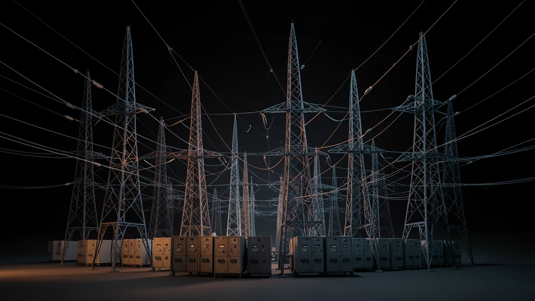 A transmission yard packed with steel lattice towers, power lines converging overhead in every direction, rows of switchgear cabinets lined up beneath them