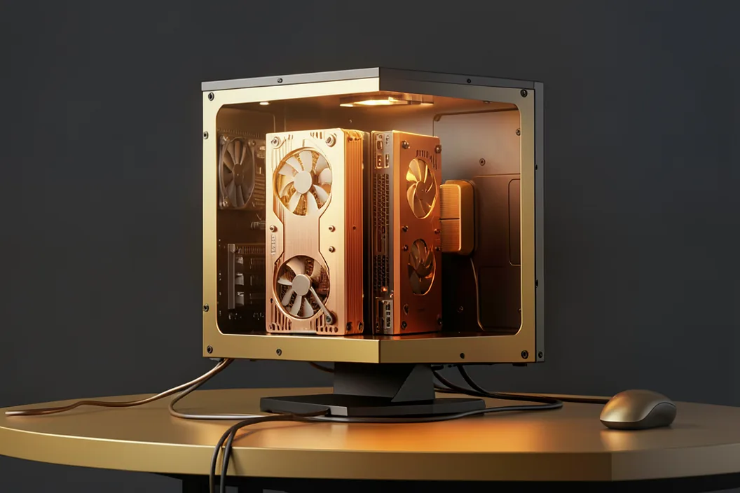 A two-GPU desktop workstation on a wooden desk, both graphics cards lit and working in sync, warm brass and steel tones, soft analog light.