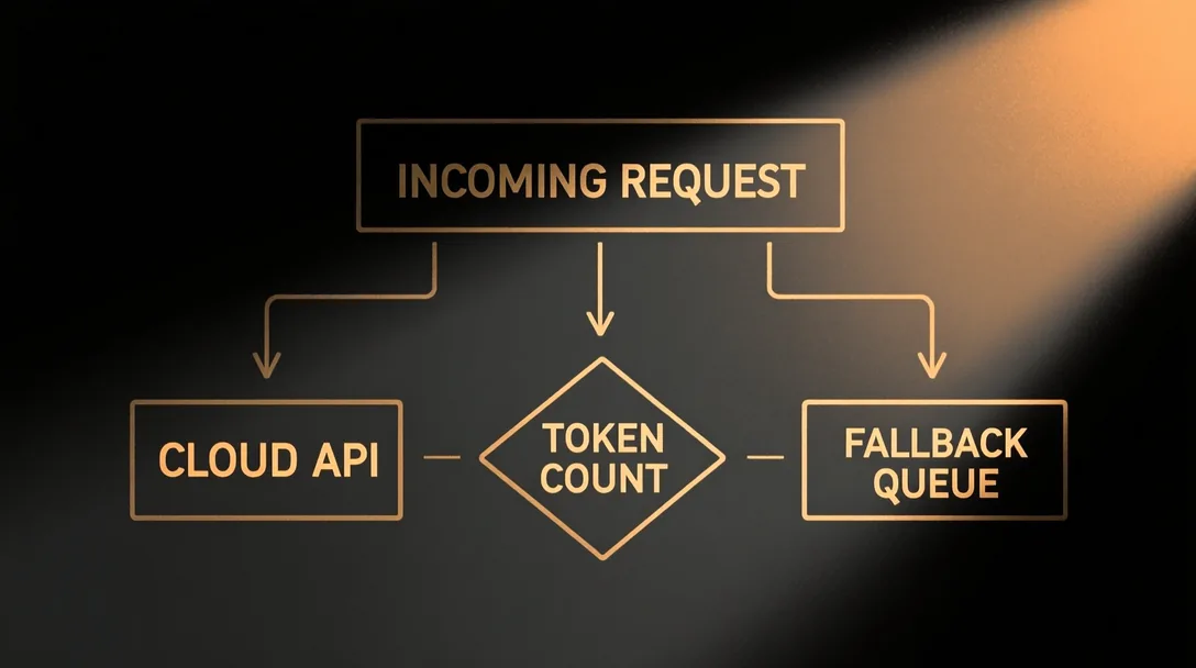 A flowchart drawn on a whiteboard: incoming request splits into three paths labeled 'cloud API,' 'local GPU,' and 'fallback queue,' with decision diamonds showing token count, latency budget, and data sensitivity as the branching criteria.