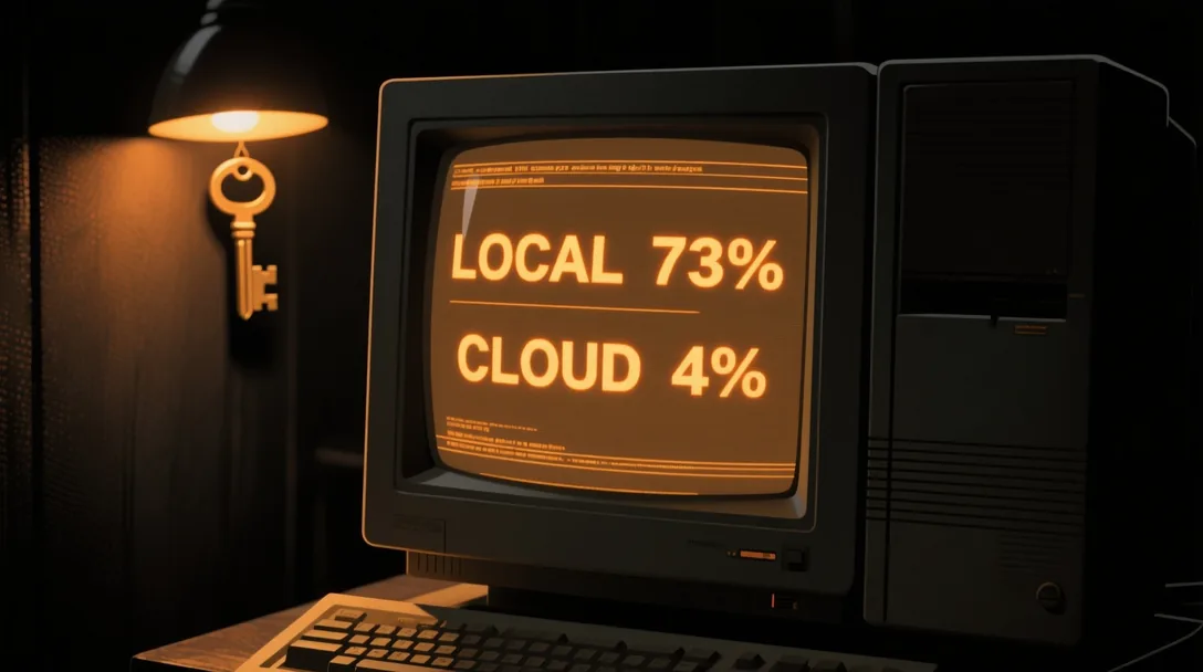 A retro CRT monitor glowing warm amber in a dark room, its screen reading LOCAL 73% and CLOUD 4%, the router's weekly split of traffic between local models and cloud fallback.