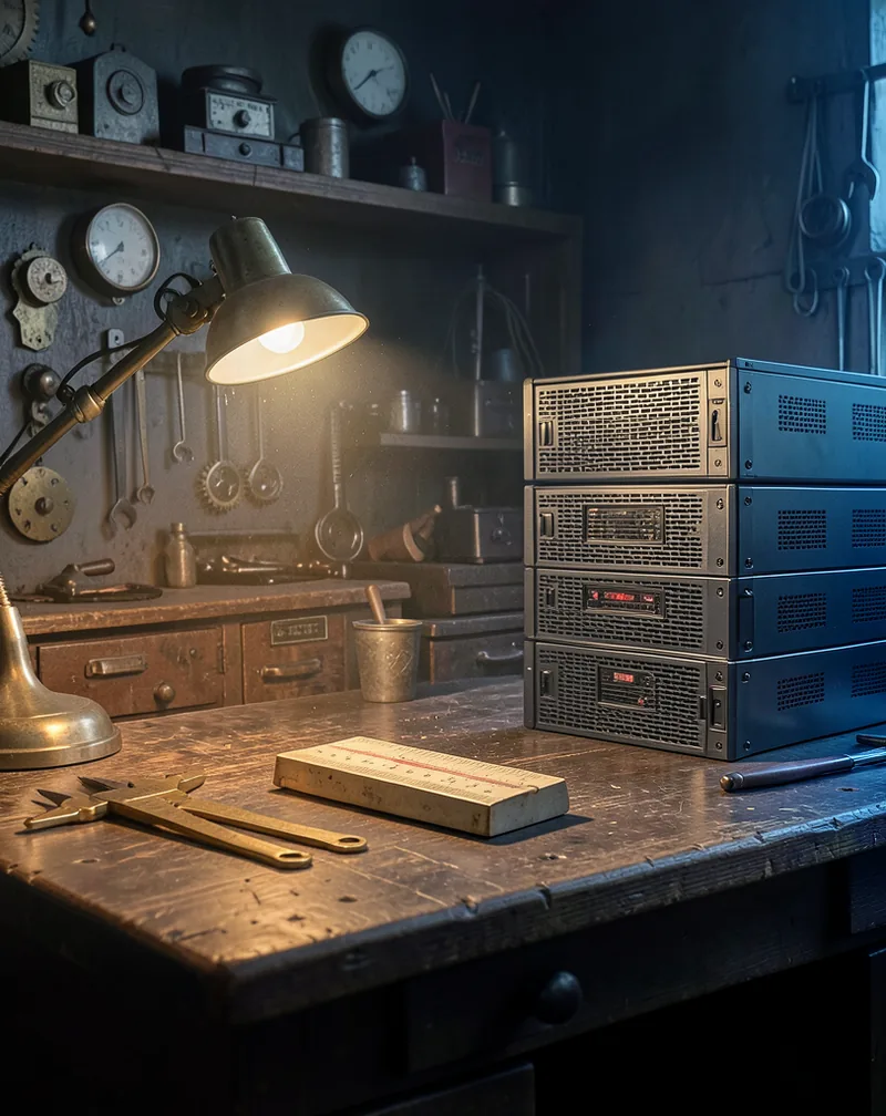 A dim workshop desk with brass calipers, a heavy analog slide rule, and stacked server rack panels made of gunmetal. Warm desk lamp light cuts through dust motes. No text or logos visible.