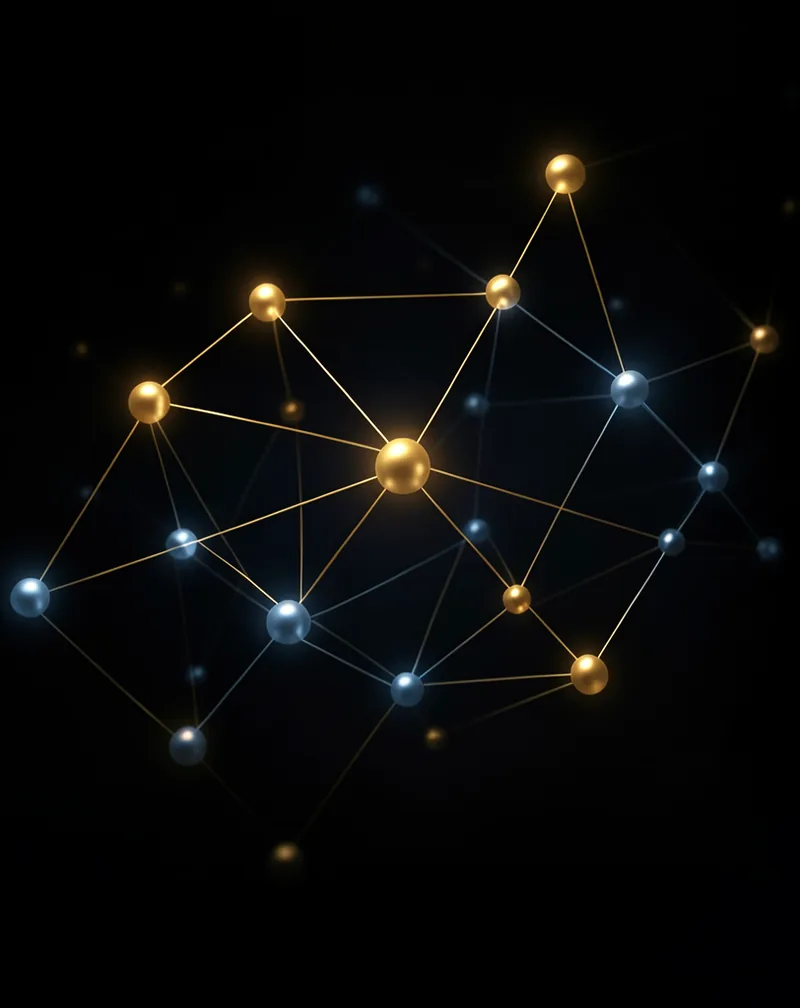A shimmering network of glowing nodes connected by fine threads of light on a black background, brass-gold and steel-blue orbs forming an interconnected graph with one bright central node.