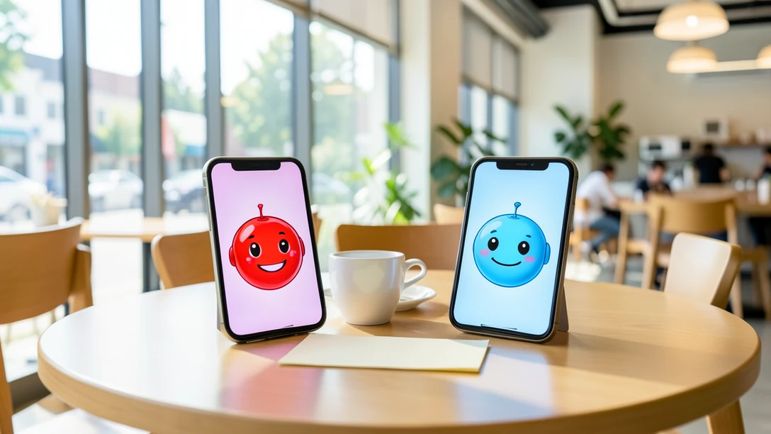 Two smartphones side by side on a sunny cafe table, each showing a friendly chat assistant, a coffee cup and a folded sample ballot between them, bright daylight