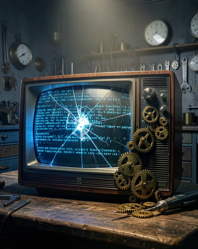 A massive wood-panelled 1950s television with a cracked screen glowing with blue matrix-style code, brass gears spilling out of a side panel next to a resting soldering iron.