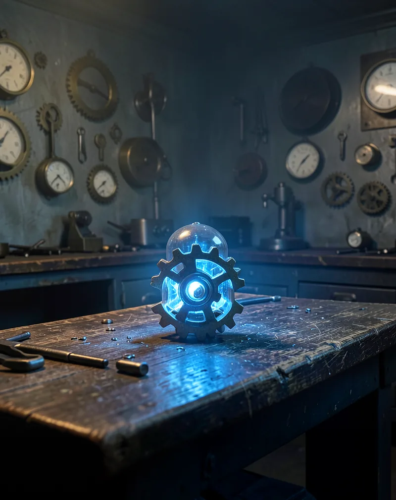 A single glowing vacuum tube or a small, intricate brass gear glowing with intense blue light, sitting on a heavy, dark wood and steel workbench. Cinematic lighting, deep shadows, brass and steel blue accents.