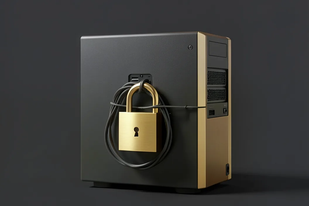 A brass padlock fastened over the main port of a dark server, cables looped shut behind it, on a gunmetal background.