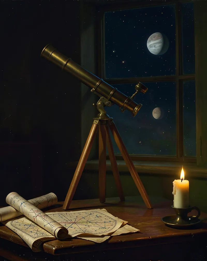 A brass telescope on a candlelit desk strewn with star charts, a night sky and moon through a dark window.