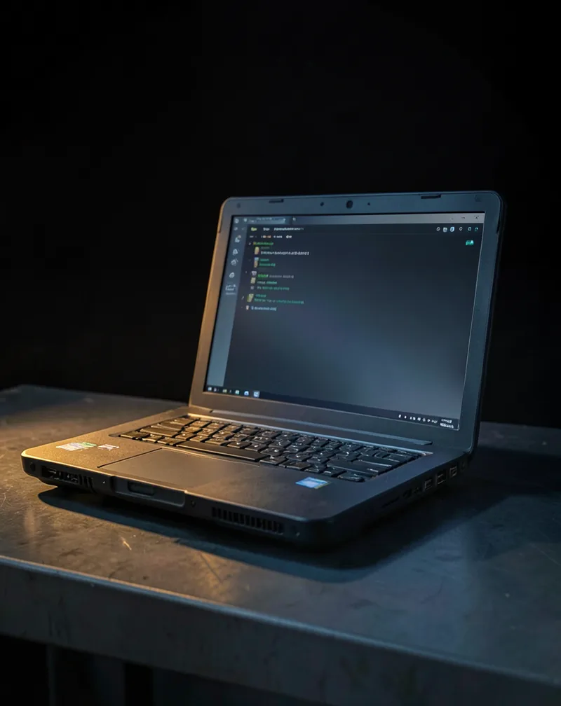 A ruggedized laptop sitting on a metal workbench inside a utility substation, terminal window open on screen, no internet icon visible in the taskbar