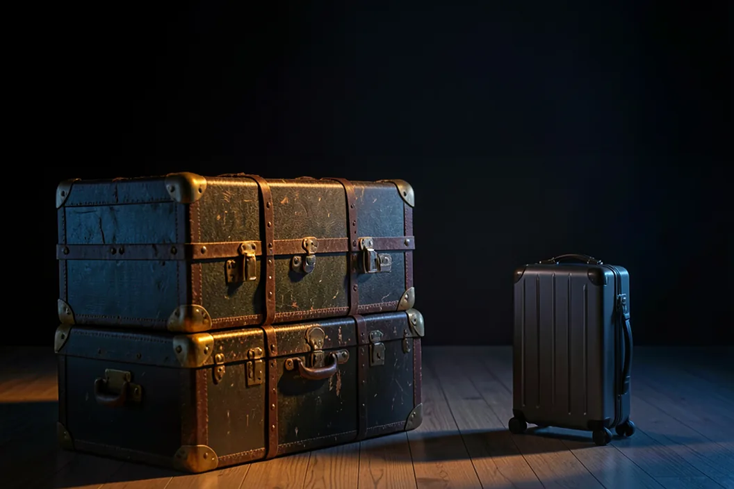 A large battered antique steamer trunk with brass buckles on one side of a bare room, and a single small vintage carry-on suitcase on the other, lit by one warm amber key light against deep noir shadow