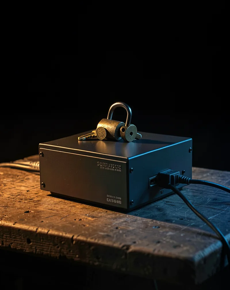 A small local server box on a wooden workbench with an antique brass padlock and key resting on top, one power cable and no data cables, lit by a single warm amber key light glinting off the brass against deep noir shadow