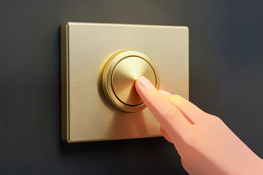 A finger pressing a brass override button set into a brushed steel control panel, on a gunmetal background.