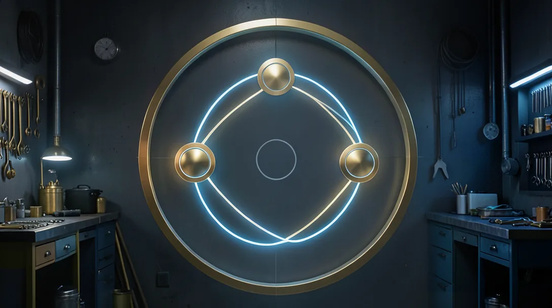 A minimalist architecture diagram on a dark background: a circle labeled Local Hardware holding three nodes, XML Knowledge Base, Agent, and Self-Healing Loop, with arrows flowing between them.